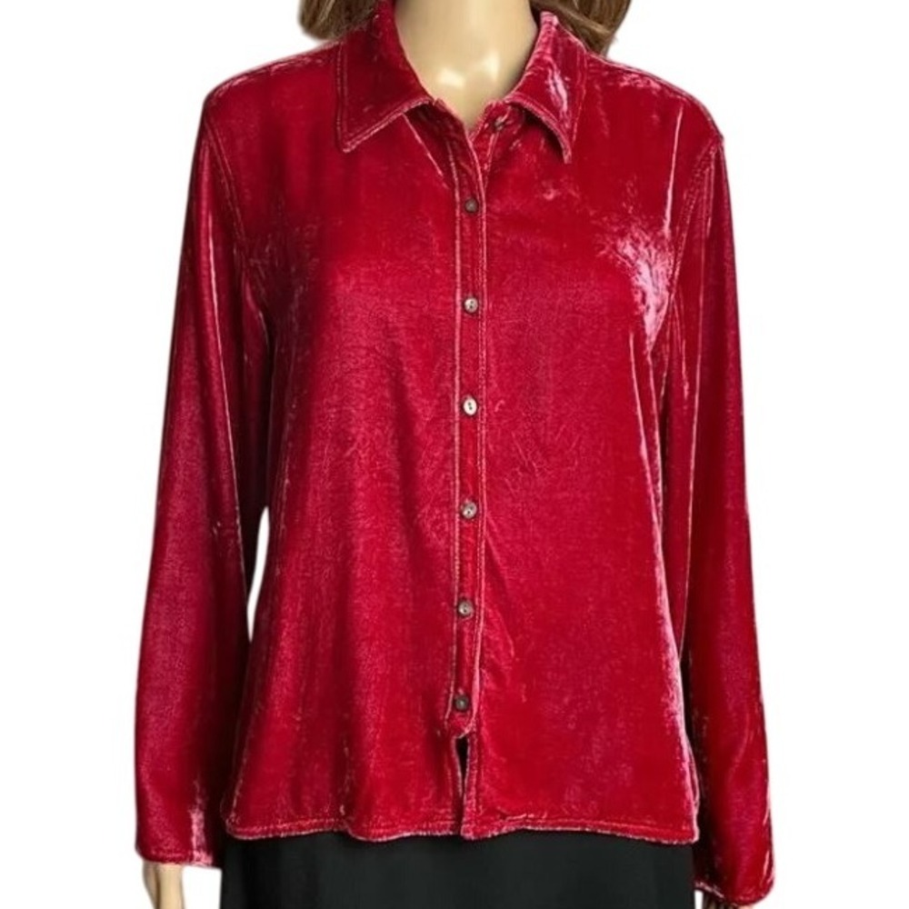 J.Jill Velvet Blouse Women's Size Medium Rosy Red Rayon Silk Button Front Retro